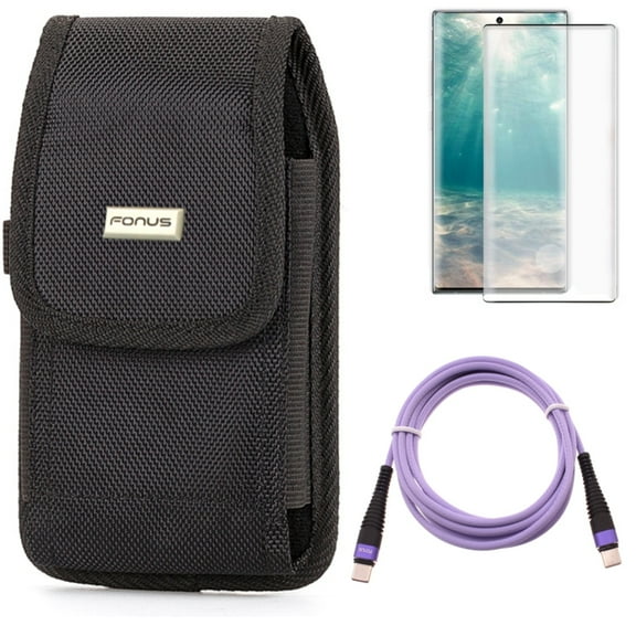 Screen Protector & Purple 6ft PD Cable & Case Belt Clip for Samsung Galaxy Note 20 (6.7") - Combo with Tempered Glass (Fingerprint Unlock) & Type-C to USB-C Long Charger Cord & Rugged Holster