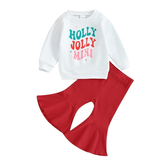 Wassery Kid Girl Christmas Outfits Clothes 6M 12M 18M 24M 3T 4T Little Girls Long Sleeve Letters Print Sweatshirt  Flare Pants Set 2Pcs Christmas Holiday-themed Clothing for Toddler Girls