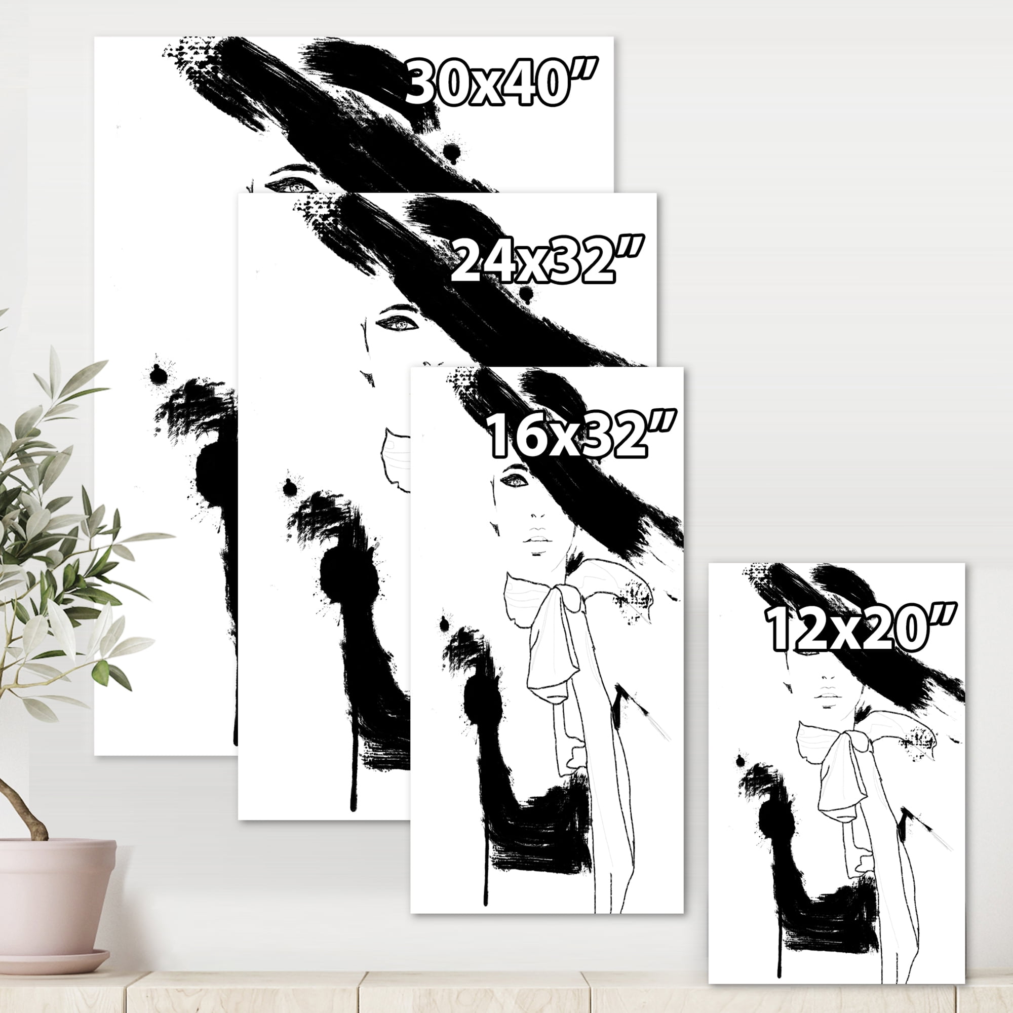 Beautiful Black and White Model Haute Couture Fashion Woman II 8 in x 12 in Painting Canvas Art Print, by Designart