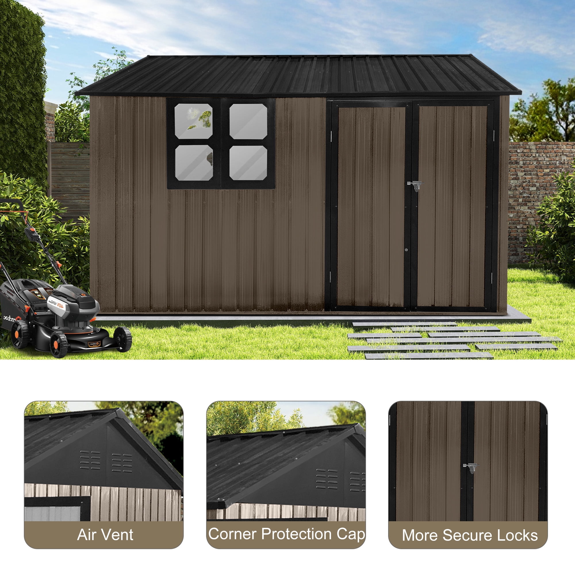 Aukfa 10FT x 8FT Outdoor Storage Shed, Metal Shed Storage with Window, Roof Slope Tool Shed with Door and Padlock for Backyards, Patio Lawns and Outdoor, Brwon