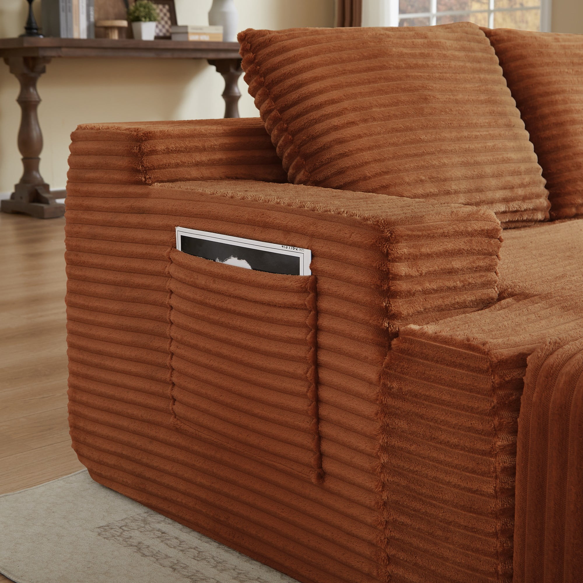 BSHTI 140.6" 5-Seat Corduroy U Shape Sectional Sofa with Cup Holder, Modular Design, No Assembly for Living Room（Orange）