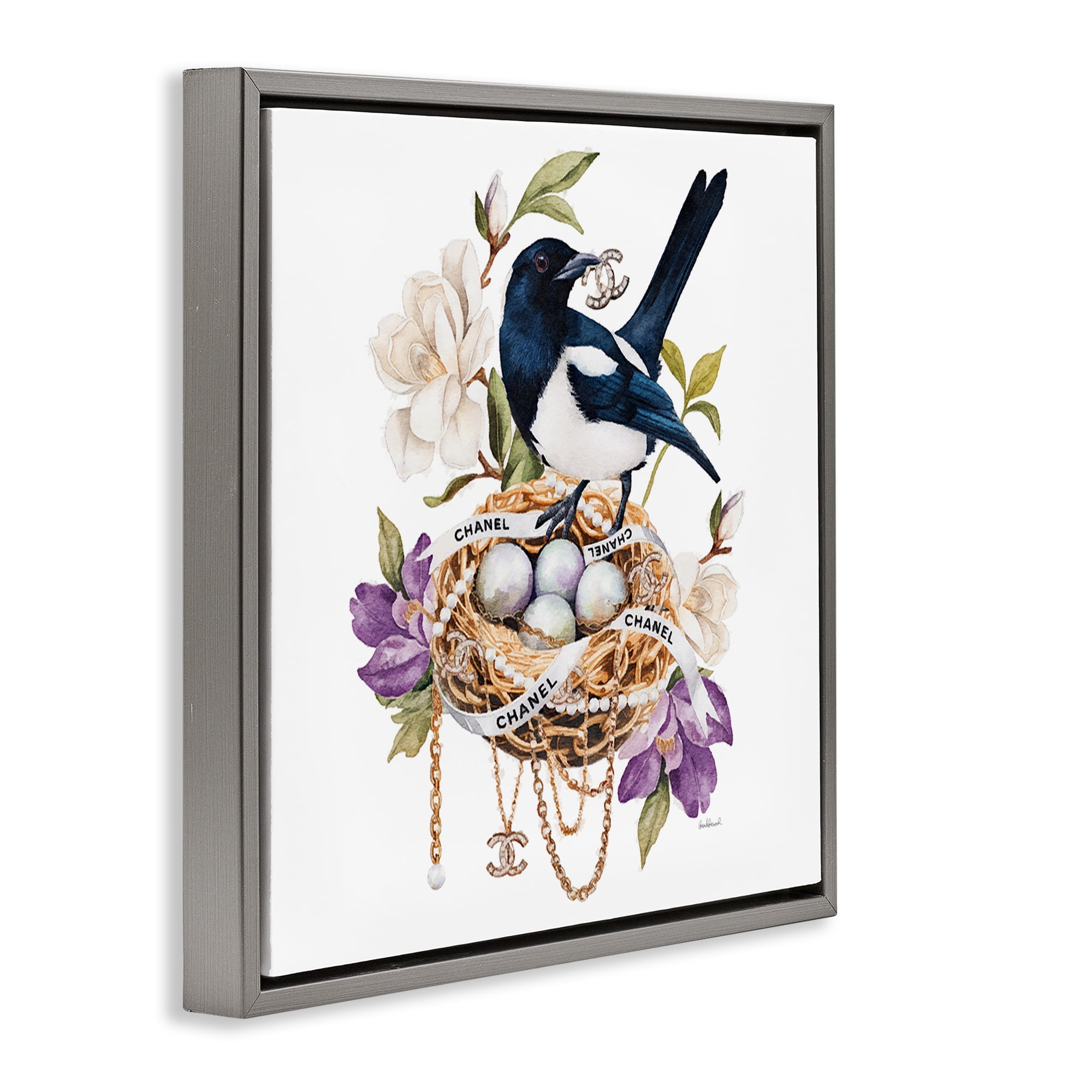 Stupell Industries Glam Birds Nest Magnolia Gray Framed Floater Canvas Wall Art, design by Amanda Greenwood