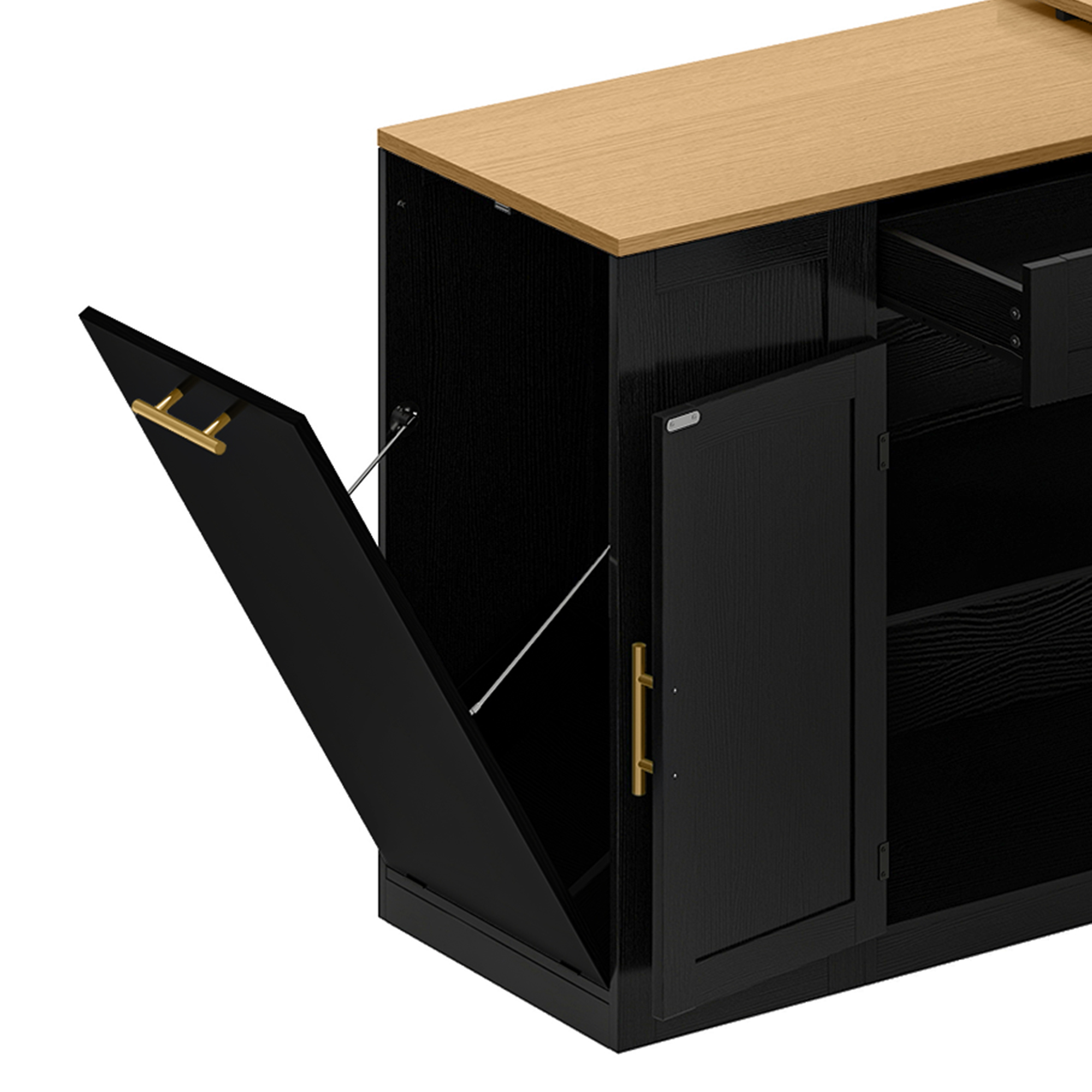 Uforic Extendable Kitchen Island with Power Outlets & 2 Stools, Kitchen Island Cart with Trash Storage Compartment, Black