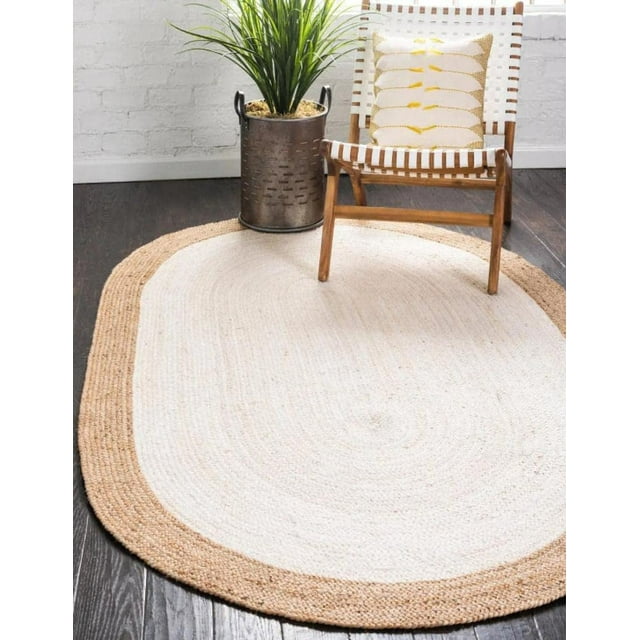 Handmade Braided Natural Pure Jute Oval Shape Area Rugs with white Color Design Size 4 x 6 Feet ( 120 cm x 180 cm )