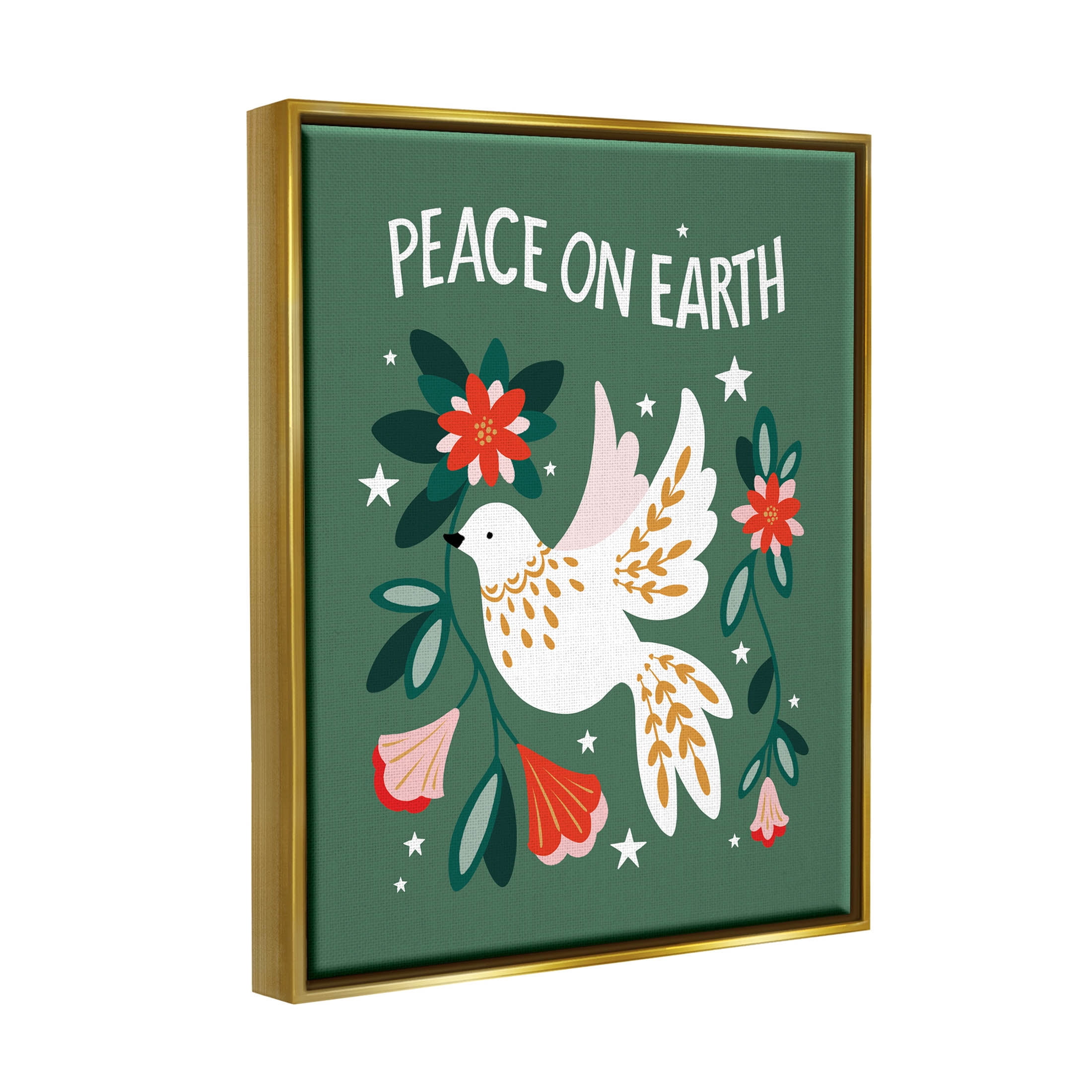 Peace On Earth Floral Dove Blossoms Holiday Graphic Art Metallic Gold Framed Art Print Wall Art