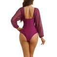 thumbnail image 3 of Bikini de una pieza con escote en V, mangas largas, malla y control de abdomen, color púrpura oscuro, talla mediana, 3 of 5