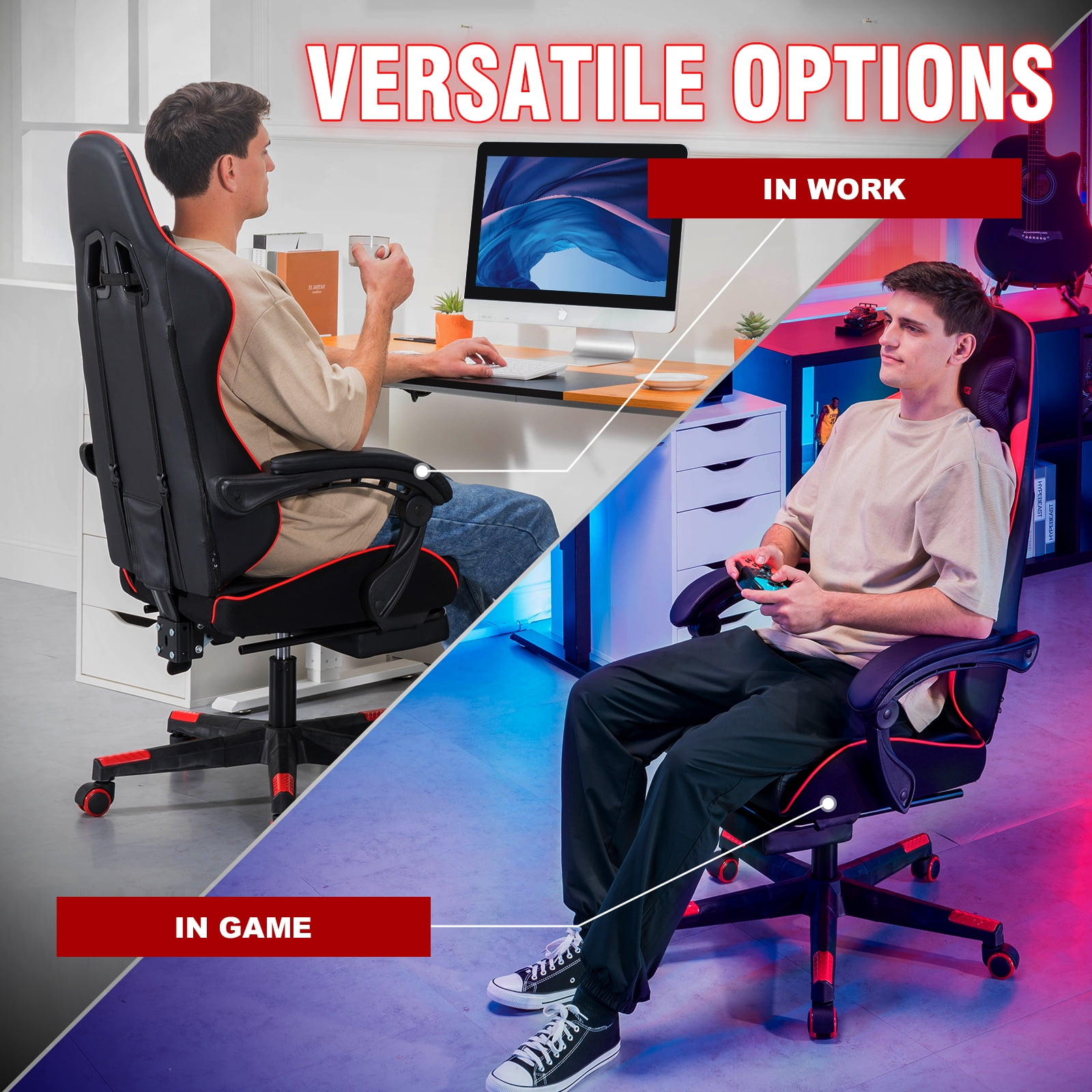 EXRACING Gaming Chair Ergonomic Computer Chair with Footrest and Lumbar Support, Height Adjustable High Back Leather Office Chair, 360° Swivel with Linked Armrest, for Adult and Teen (Red)