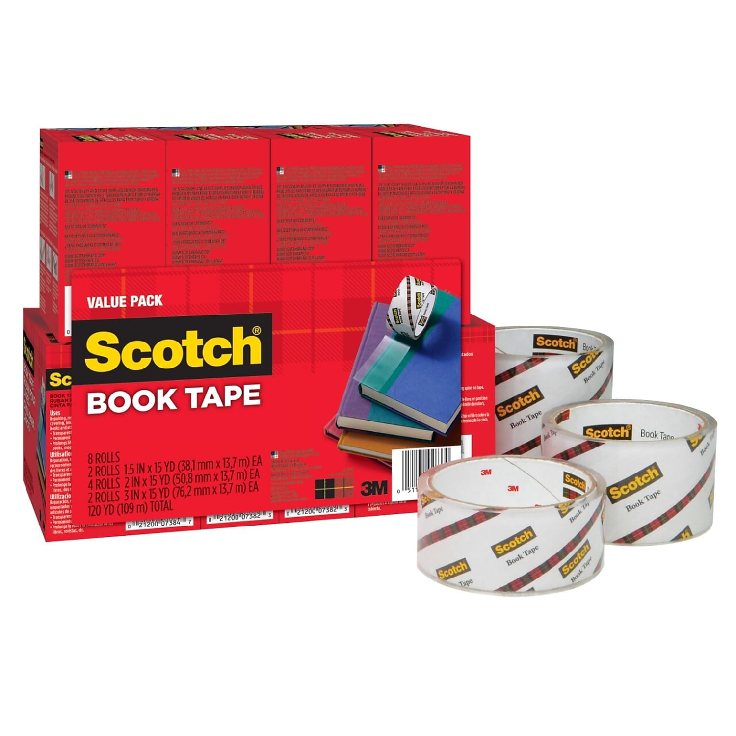 Scotch Book Tape Value Pack, 3" Core, (2) 1.5" x 15 yds, (4) 2" x 15 yds, (2) 3" x 15 yds, Clear, 8/Pack