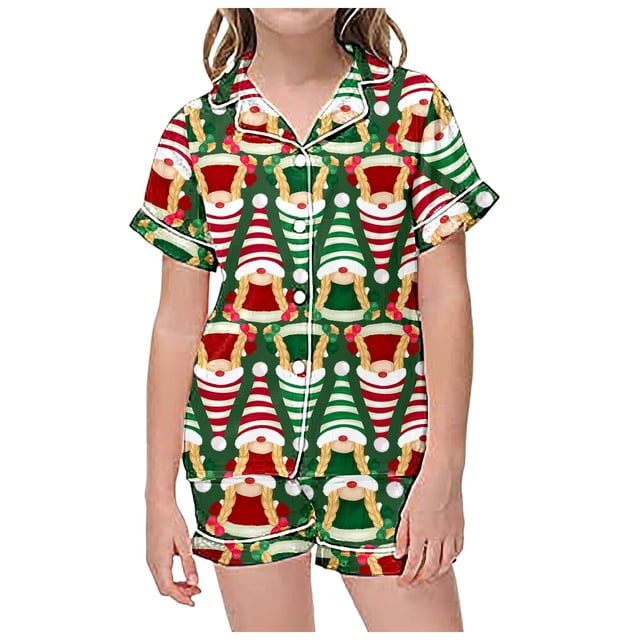 DGHM Ensemble Portefeuille pour Femmes Tenue de Pâques 4t Pyjama Décontracté Imprimé de Noël à Boutons Col Rabattu Manches Courtes Shorts Vert
