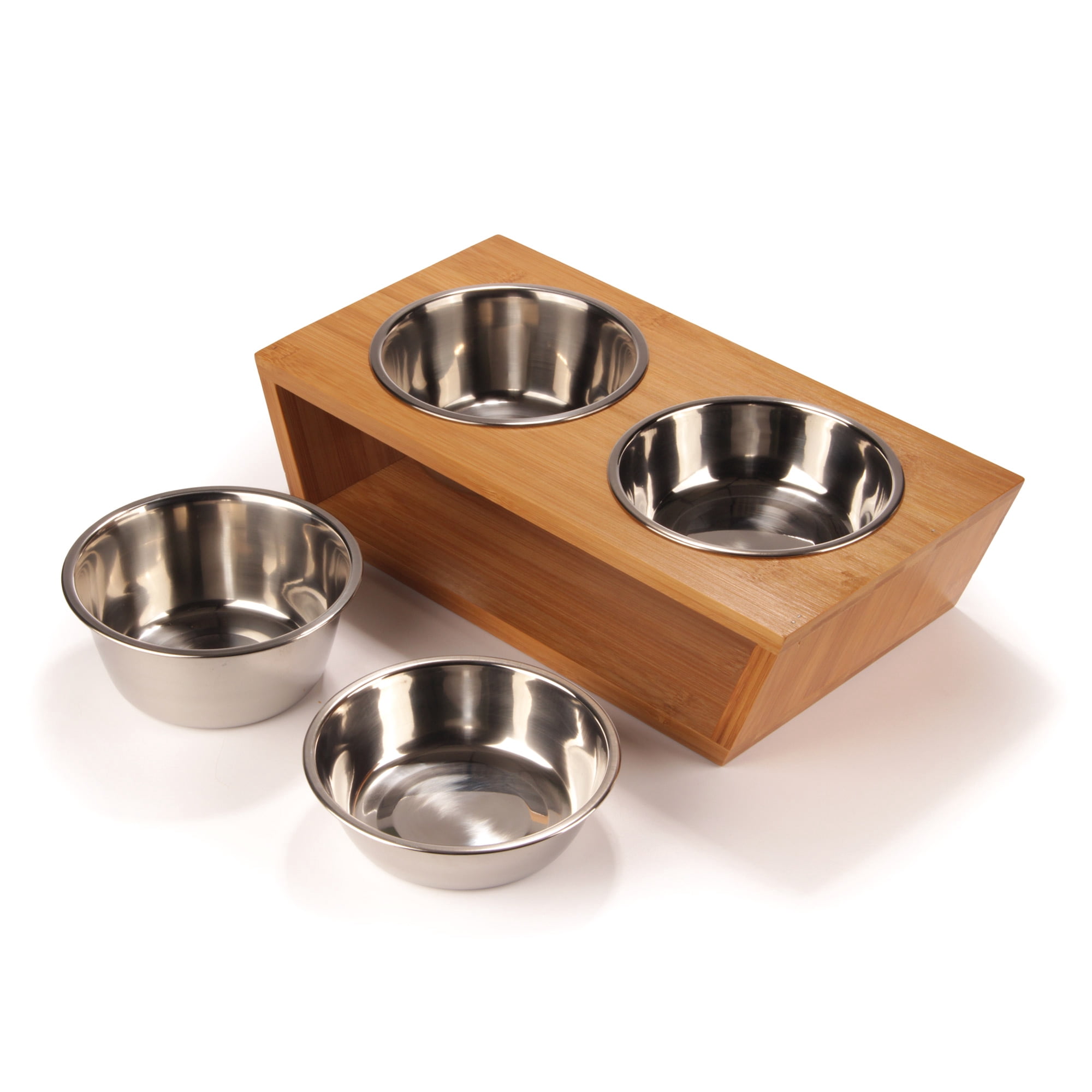 BambooMN Elevated Dog Bowl Feeder - 100% Bamboo Stand, 4 Metal Bowls for Food and Water - Small