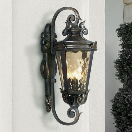 Hammered Platinum Three Light John Timberland Outdoor Wall Light Fixture Bronze Scroll 27 1/2