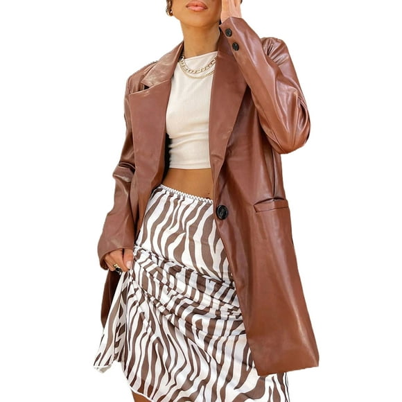 xiaxaixu Women Artificial Leather Blazer Coat Solid Color Lapel Long Sleeve Single-Breasted Pockets Suit Jackets Autumn Winter Outerwear