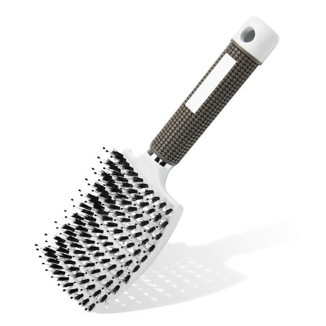 Cepillo para el cabello, cepillo desenredante profesional con mango, cepillo para peinar el cabello con cerdas de jabalí para cabello largo, fino, grueso y rizado, sin tirones, blanco