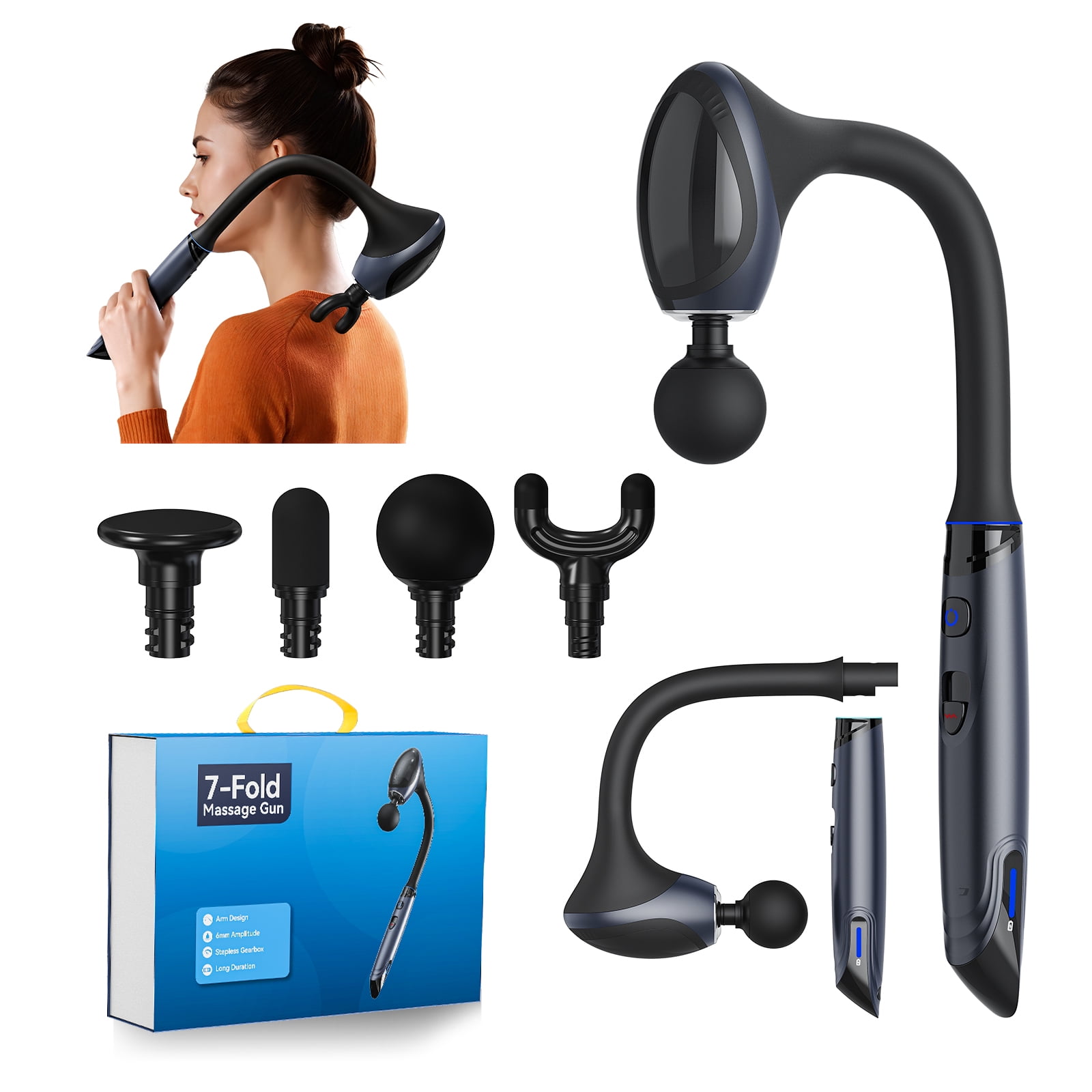 7-Shaped Back Massage Gun, Detachable Percussion Massager for Self Care, Professional Quiet Electric, Fitness Recovery Gift Set