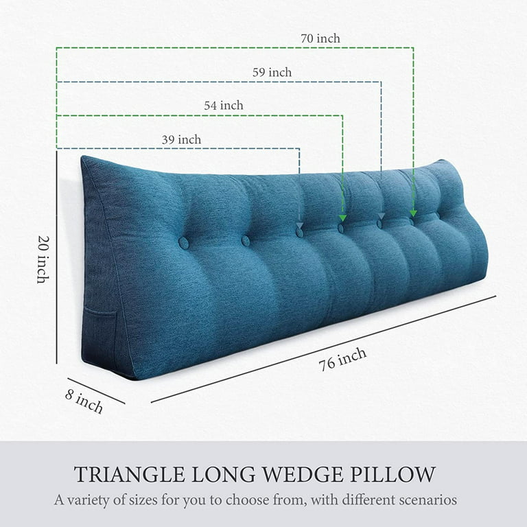 Rounuo Bed Wedge Pillow for Headboard, King Triangular Reading Pillow Linen  Large Bolster Backrest Support Upholstered Lumbar Cushion Blue 76x20 