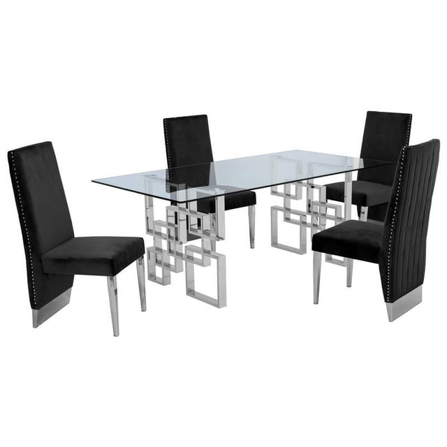 Ensemble de Salle à Manger Rectangulaire en Verre Transparent 5pc avec Base en Acier Inoxydable Argenté