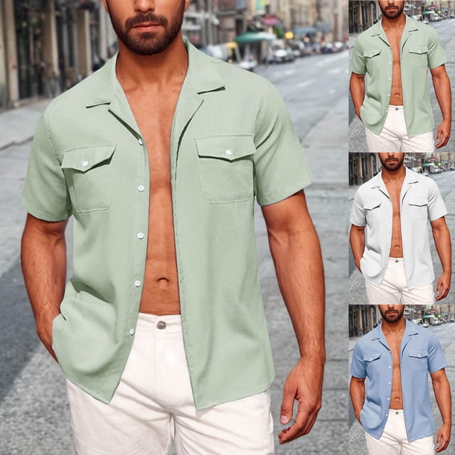 Sentmoon Summer Clothes for Mens Oversized Relaxed Turndown Collar Short Sleeve Beach Shirts with Pockets Button up Solid Color Tops for Mens Trendy Comfy for Boating M