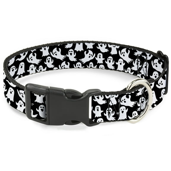 Buckle-Down Pet Collar, Dog Collar Plastic Buckle, Ghosts Poses Scattered Black White, 7 to 8.5 Inches 0.5 Inch Wide
