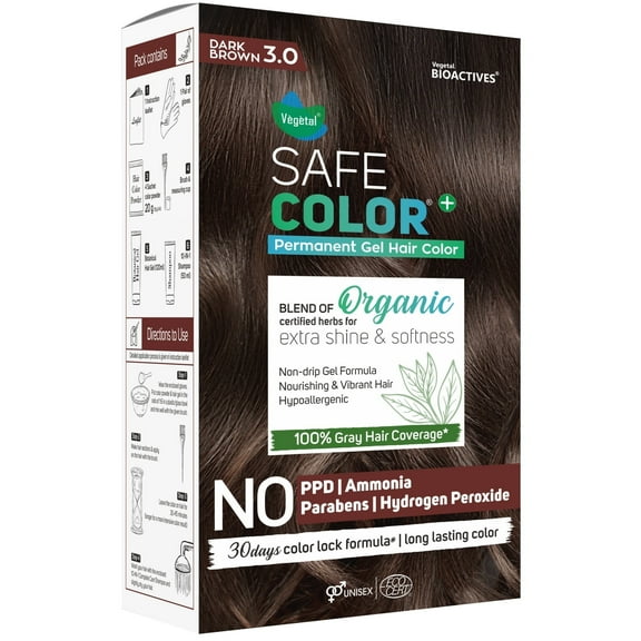 Vegetal Safe Color+ Organic Permanent Gel Hair Color Dark Brown 3.0-190 ml. | 100% Grey Coverage | Herbal Hair Dye with Natural Shine & Softness