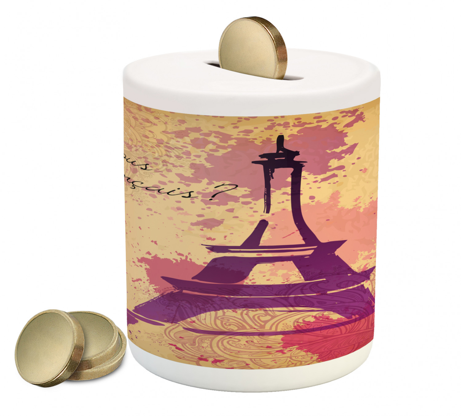 Eiffel Tower Piggy Bank, French Cursive Wordprint Eiffel Doodle