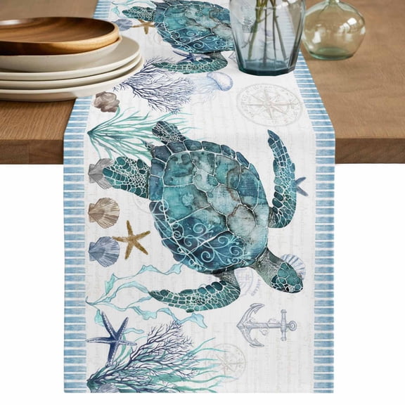 Table Runner 120 Inches Long for Kitchen Dining, Coastal Turtle Dresser Scarf Farmhouse, Dining Table Decorations for Wedding/Parties, Nautical Starfish Coral Jellyfish Stripes 13 x 120 In
