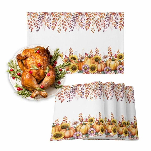 Fall Placemats Set of 6 Harvest Pumpkin Place Mats Thanksgiving Placemat Sunflower Orange Leaves Table Mats for Dining Kitchen Table Holiday Dinner Party Home Fall Decorations 13x19 Inch