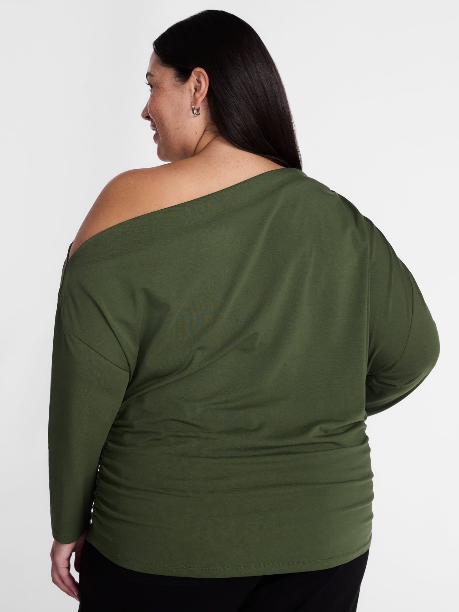 Terra & Sky Women’s Plus Asymmetrical Pleated One Shoulder Top with Long Sleeves, Sizes 0X-5X