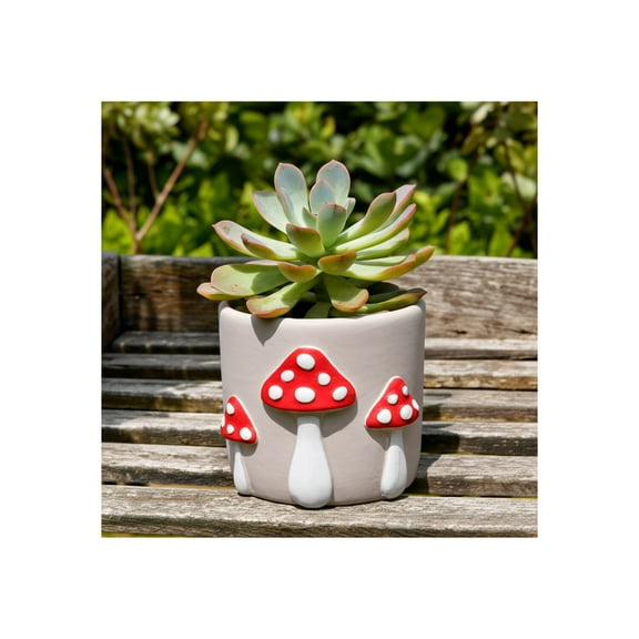 Mushroom Planter Pot with Drainage Hole - 6" Red Cement Pottery Plant Container for Indoor & Outdoor Garden, Rustic Boho Decorative Flower Pot