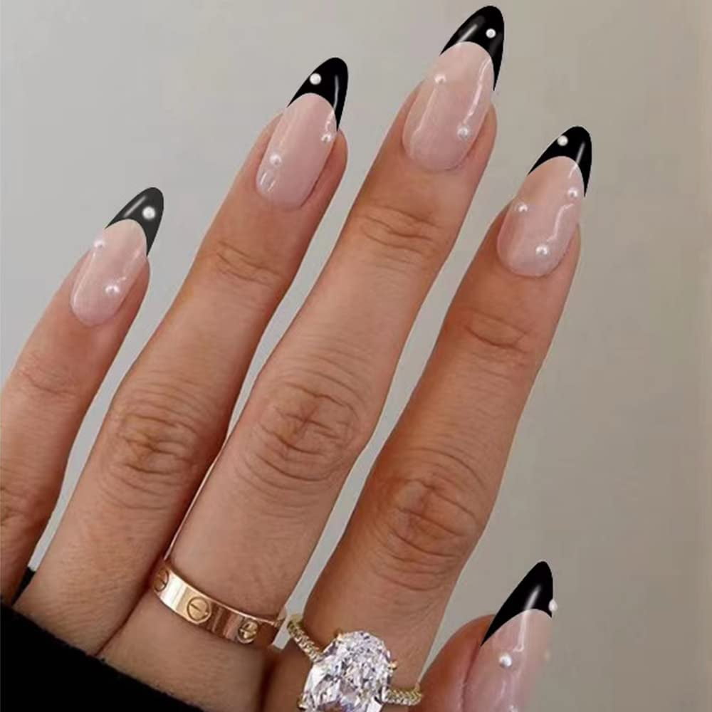 Almond Fake Nails Cute Black Press on Nails Tips French Short ...