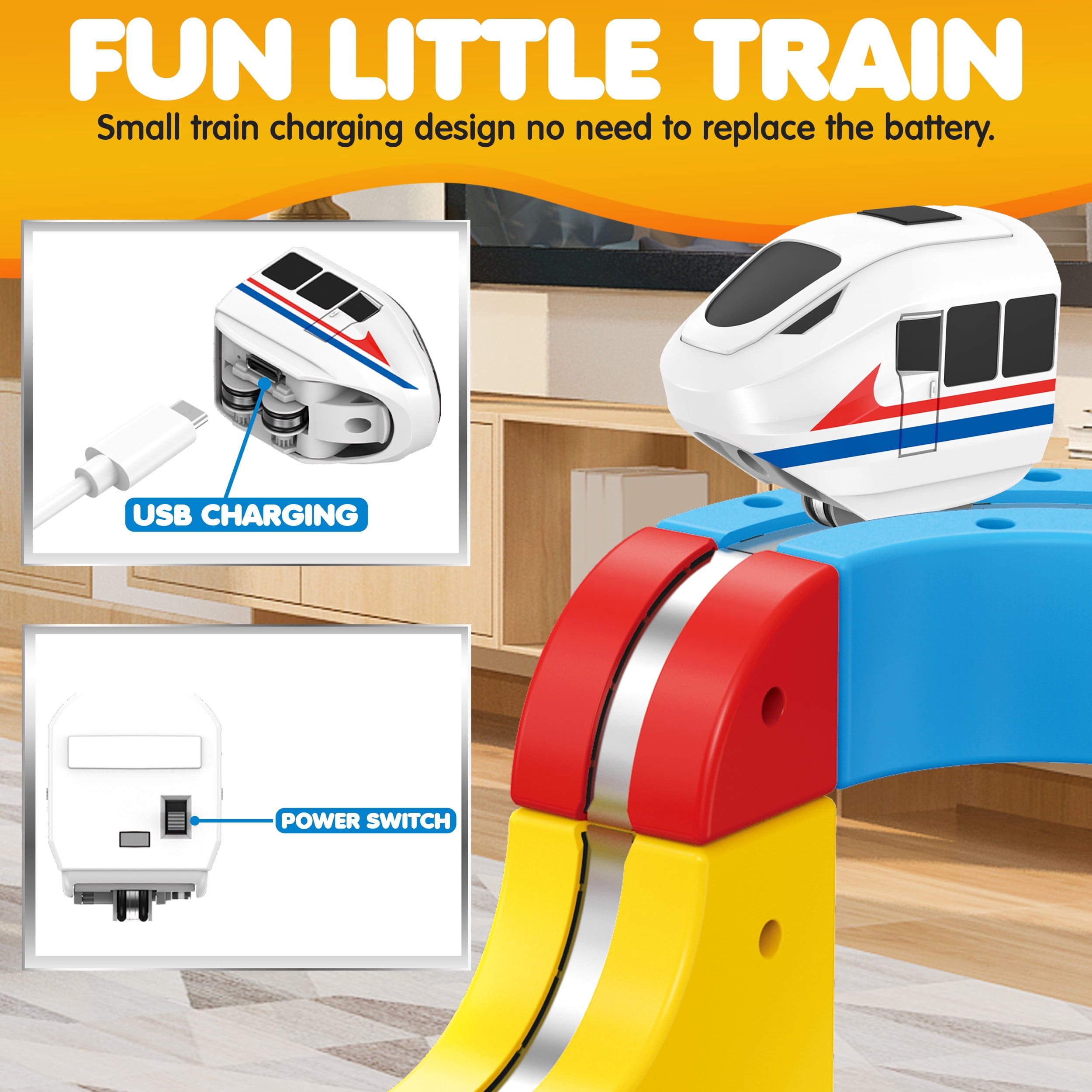 Circuit Train électrique 225 Pièces (80 Rails + 2 Trains) – 3D Anti-gravité, Montées Et Virages, STEM, Rechargeable – Cadeau 3-8 Ans