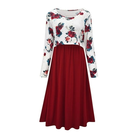 

Tejiojio Maternity Labor Nursing Clothing Clearance Ladies Fashion Little Flower Print Splicing Cotton Round Neck Long Sleeve Maternity Breastfeeding Clothe Dress