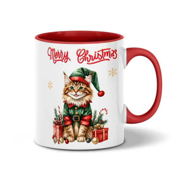 Merry Christmas Meowy Catmas Xmas Noel Maine Coon Elf Candy Cane Snow 11oz Accent Two-tone Mug Cat Lover Kitten Owner Gifts Coffee Tea Cup - 13017
