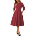 thumbnail image 2 of INSPIRE CHIC Women's Elegant Work Dress 3/4 Sleeve Pleated Round Neck Swing Midi Dress XS Dark Red, 2 of 6