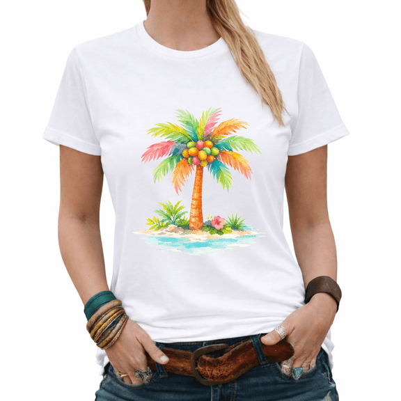 Vintage Summer Colorful Palm Tree Beach Graphic Tees Womans Casual Tshirt Tops Black/White S-5XL