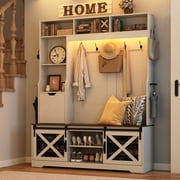ChVans 75''H LED Farmhouse Hall Tree w/ Bench & Shoe Storage, 59"W Large Hall Tree Entryway Bench w/ Coat Rack, 16 Shoe Cabinet, Umbrella Holder&Sock Storage Drawer, Mudroom, Hallway