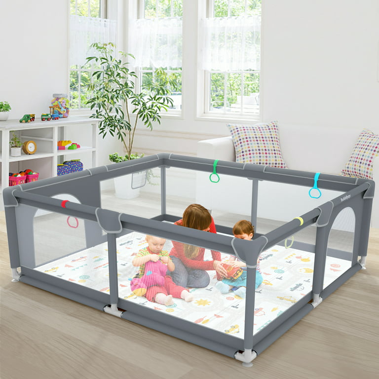 Durable Large Baby Playpen with Mat and Ocean Balls-Dark gray