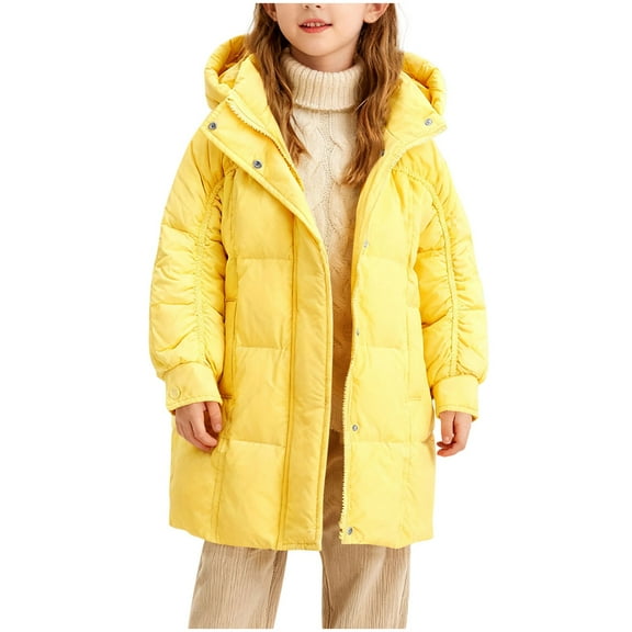 Hduncf Girls Winter Coats Kids Hooded Puffer Jackets Warm Thickened Medium Length Cotton Down Jacket Outwear Yellow 7-8 Years