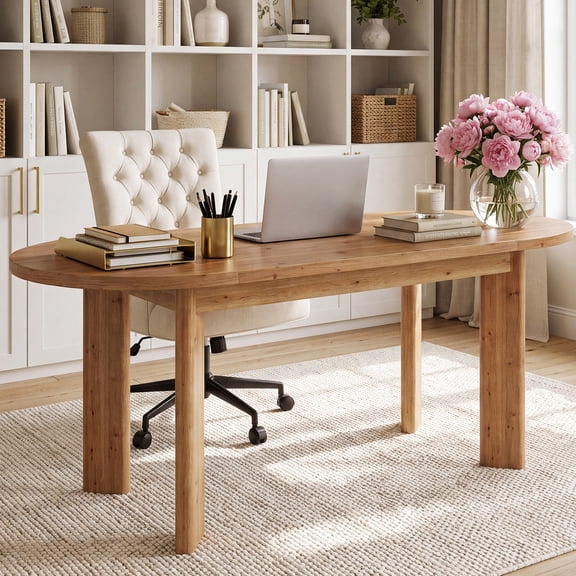 Finmind Solid Wood Oval Office Desk, 63" Large Executive Computer Desk