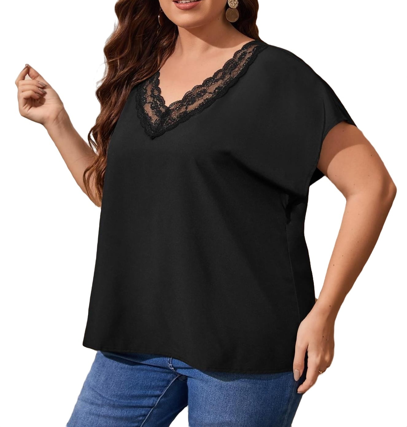Casual V Neck Top Short Sleeve Black Plus Size Blouses (Women's)