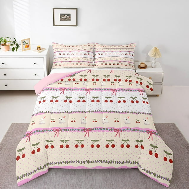 Erosebridal Ensembles de Literie Cherry Rabbit Double avec Couette, Insert de Couette à Pois Cartoon, Décor de Chambre à Nœud, Réversible, 3 Pcs