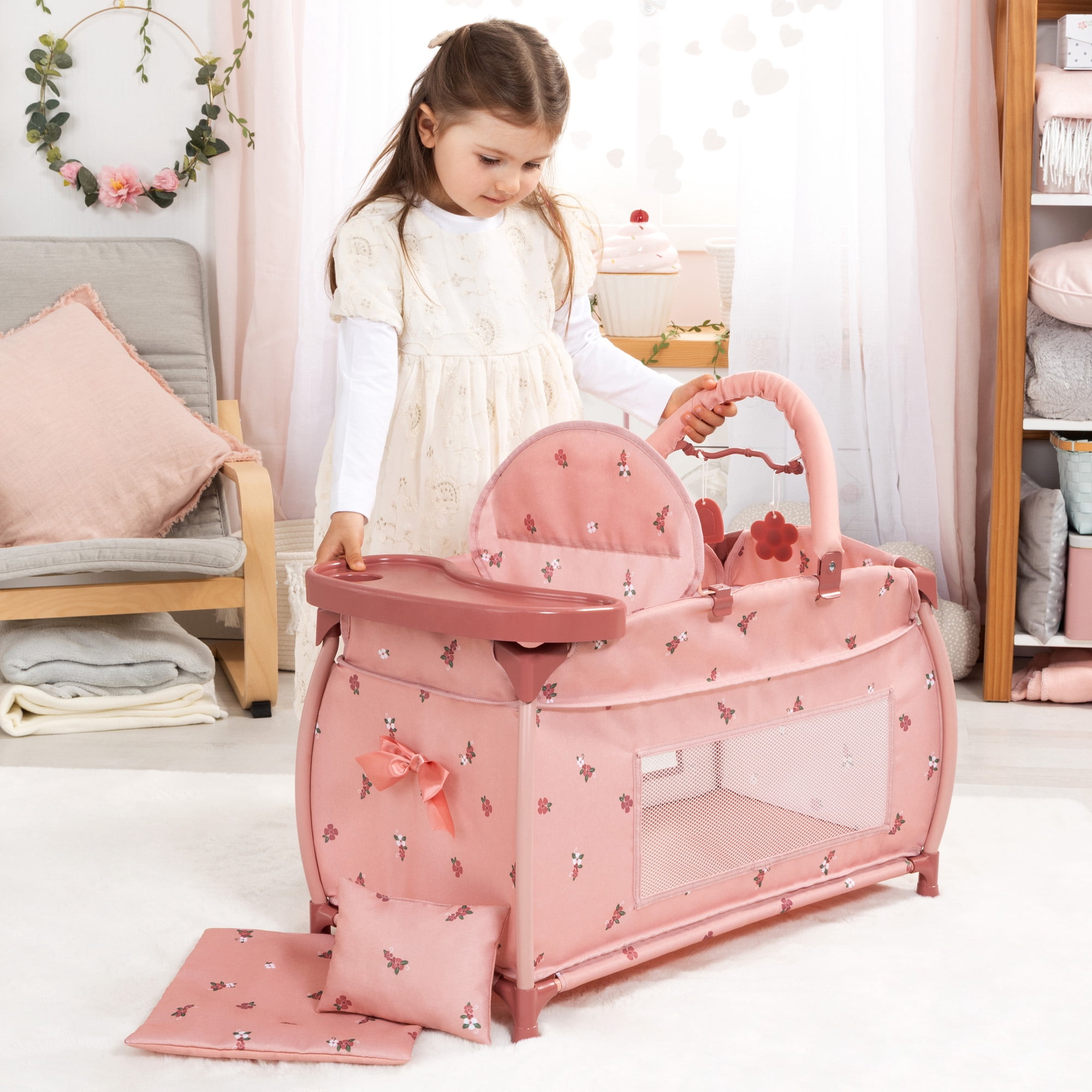 Bayer Design: Doll Multi-Bed - Pink & Flowers - Sleep Playpen, Built-In Feeding Highchair, Pillow-Blanket-Mobile, Care Center Fits 18" Dolls, Kids 3+