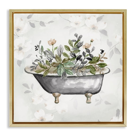 Stupell Industries Leaf Patterned Tub Typography Painting Gold Floater Framed Canvas Art Print Wall Art, 18 x 18