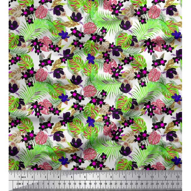 Soimoi Polyester Crepe Fabric Floral & Monstera Leaves Tropical Print Sewing Fabric Yard 42 Inch Wide