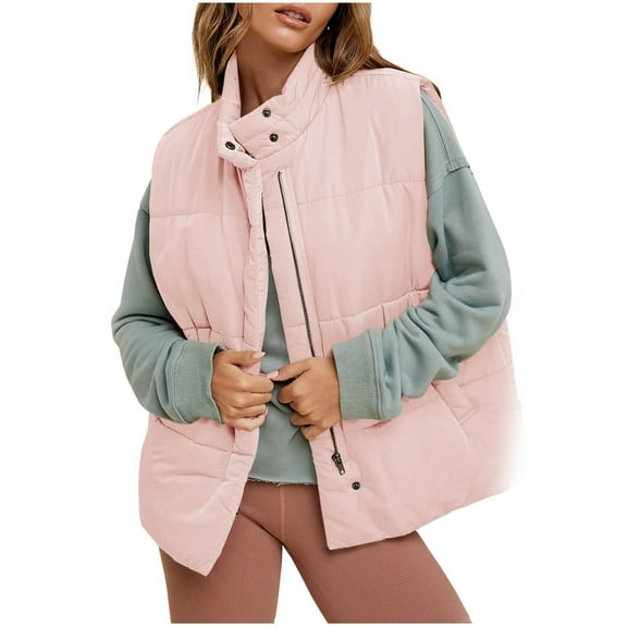 successthop Puffer Vest Women Quilted Solid Warm Coat Zip Up Winter Sleeveless Outerwear with Pockets Fuzzy Clothes