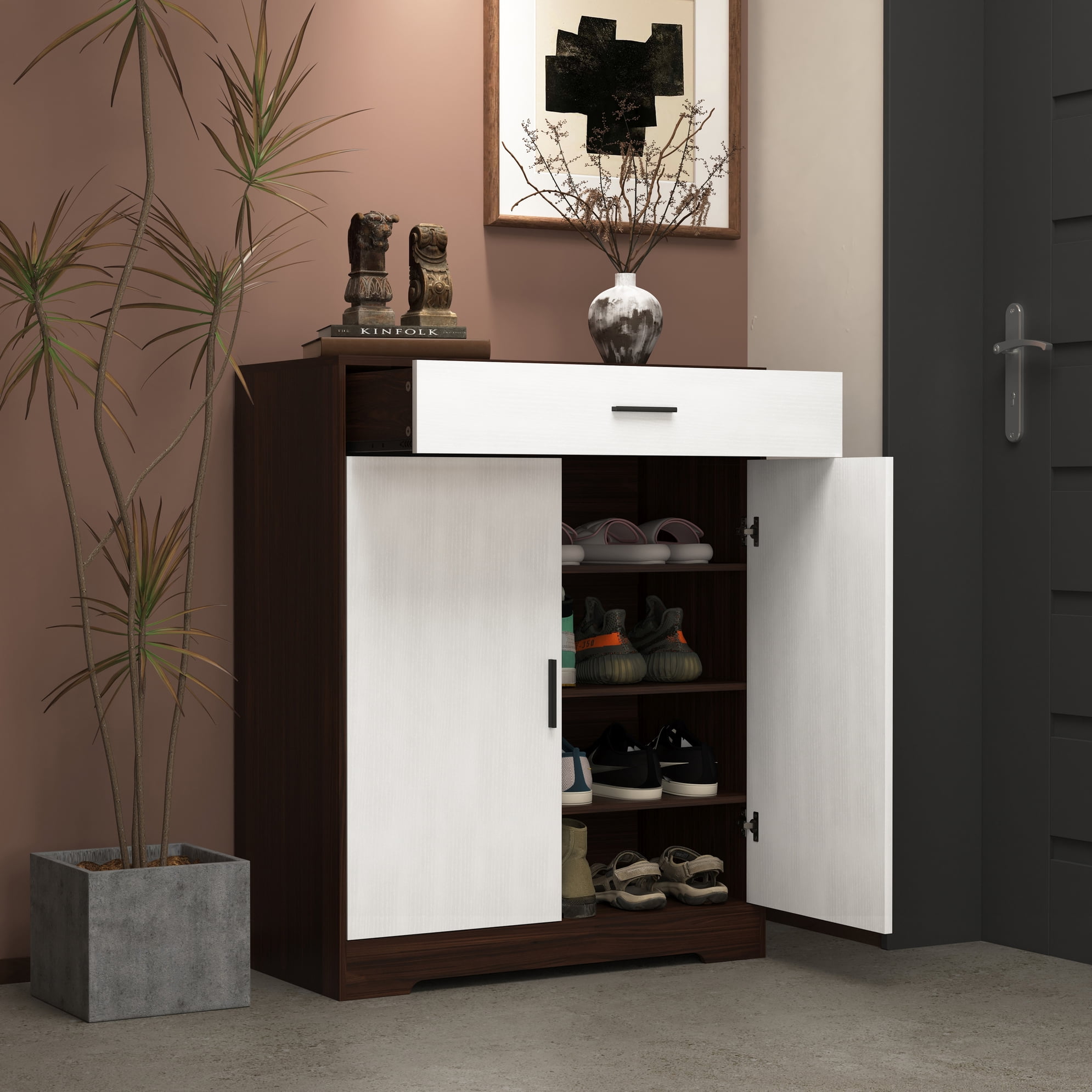 Noble House 4-Tier Shoe Storage Cabinet with Drawer, Adjustable Shelves, Walnut and White