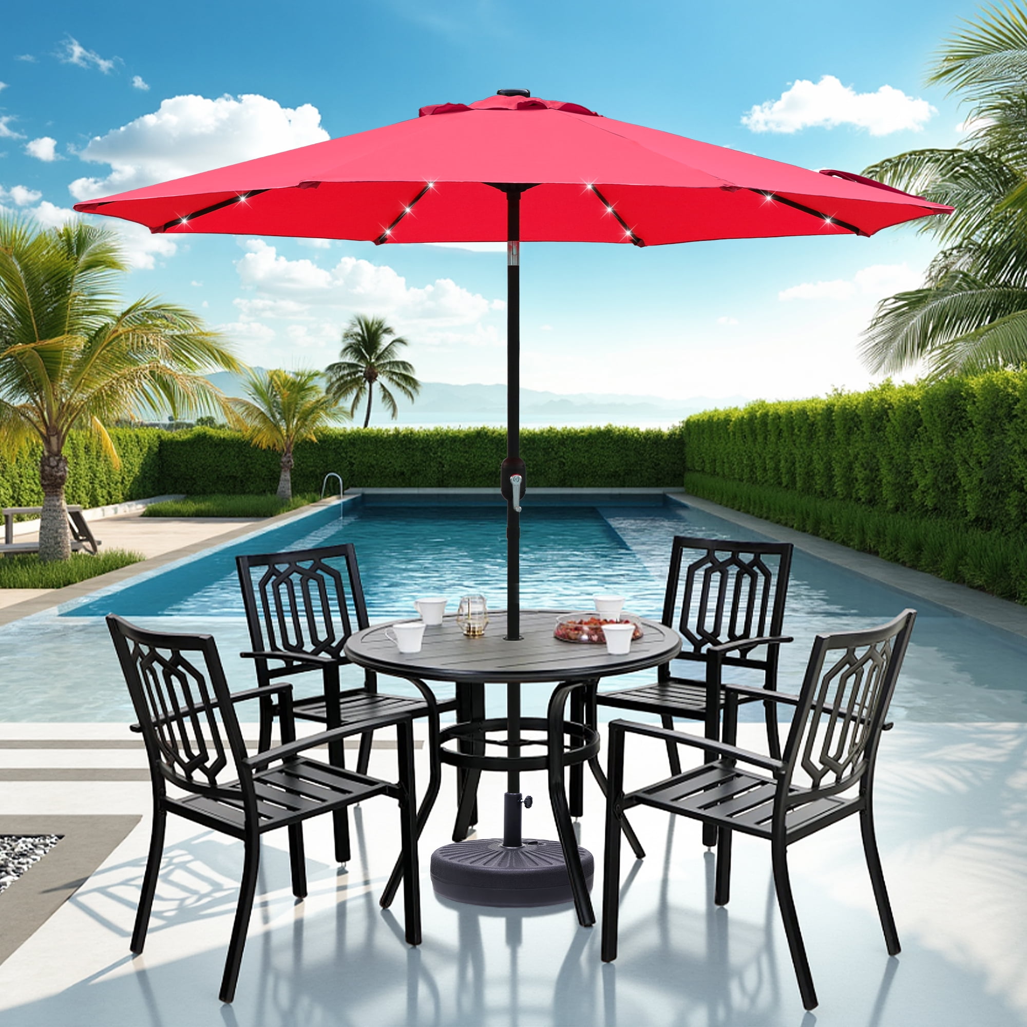 Abble 9ft Solar LED Lighted Patio Umbrella, Table Market Umbrella, Outdoor Umbrella for Garden, Deck, Backyard, Pool and Beach, Red