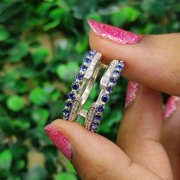 Round Cut Blue Sapphire & Diamond Ring Wrap Enhancer – Cathedral Solitaire Ring Guard in 925 Sterling Silver, Wedding Ring Jacket