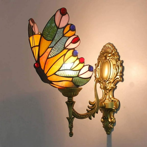 Artistic Style Wall Light, Butterfly Wall Sconce, Vintage Antique Stained Glass Decorative Wall Lighting Fixture for Living Room Bedroom Hallway Beside Lamp,1