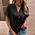 thumbnail image 2 of Sarapandan Button Short Sleeve Top V Neck Drop Shoulder Loose Casual Soft Women Button Summer T Shirt Black L, 2 of 6