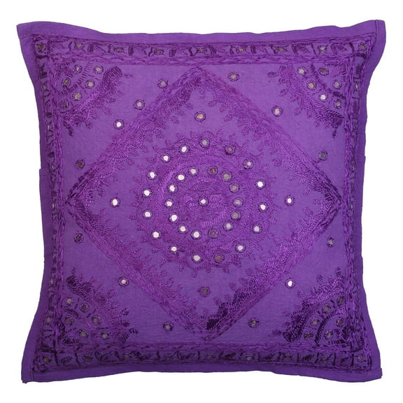 Stylo Culture Ethnic Decorative Throw Pillow Cover 16x16 Hand Embroidered Purple Boho 40cm x 40cm Home Decor Cotton Mirrored Square Cushion Cover | 1 Pc